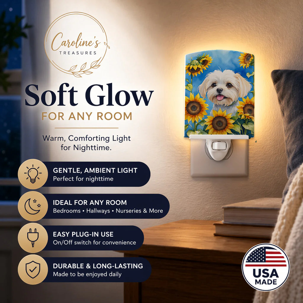 Maltese in Sunflowers Ceramic Night Light Compact, UL-Certified