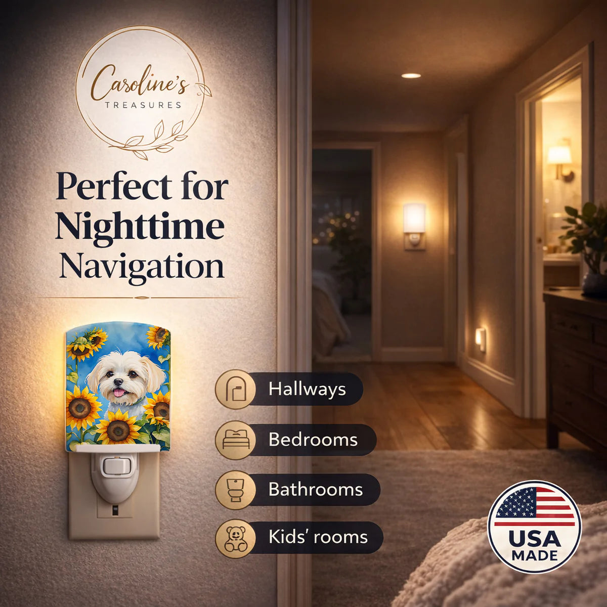Maltese in Sunflowers Ceramic Night Light Compact, UL-Certified