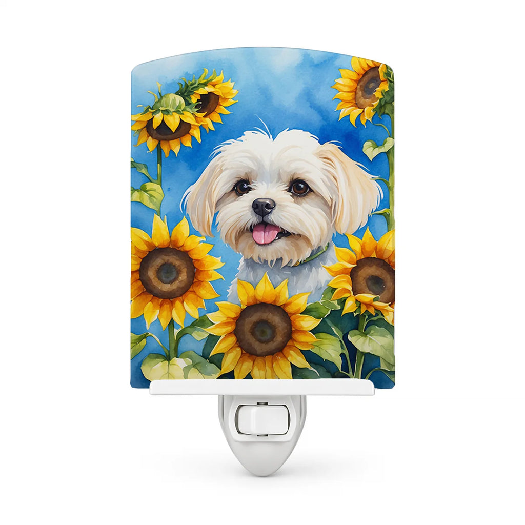 Maltese in Sunflowers Ceramic Night Light Compact, UL-Certified