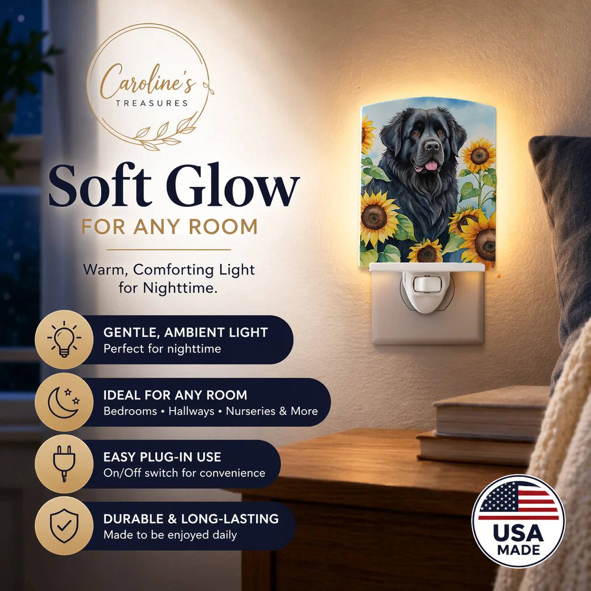 Newfoundland in Sunflowers Ceramic Night Light Compact, UL-Certified