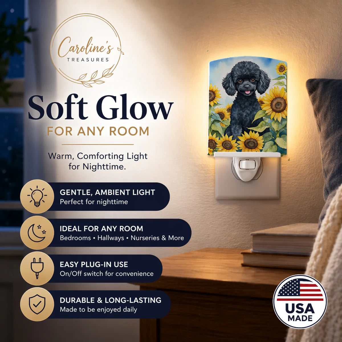 Black Poodle in Sunflowers Ceramic Night Light Compact, UL-Certified