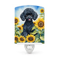 Black Poodle in Sunflowers Ceramic Night Light Compact, UL-Certified