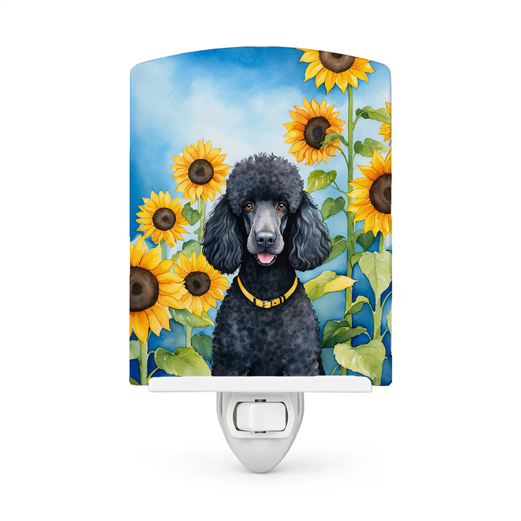 Black Poodle in Sunflowers Ceramic Night Light Compact, UL-Certified