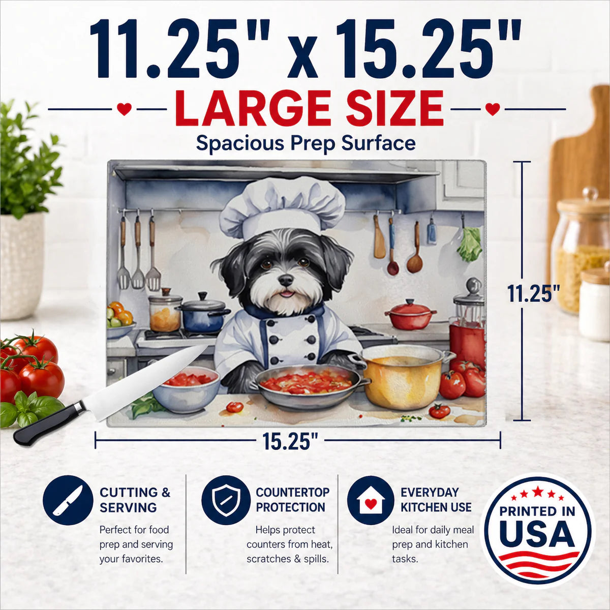 Havanese The Chef Glass Cutting Board Decorative Tempered Glass Kitchen Cutting and Serving Board Large Size