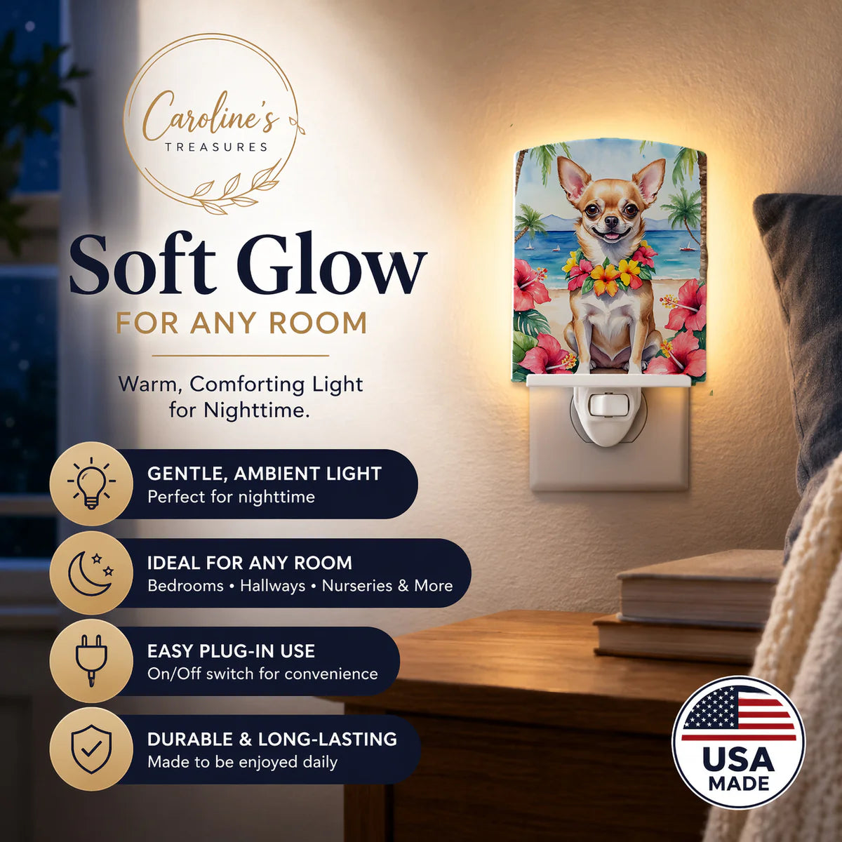 Chihuahua Luau Ceramic Night Light Compact, UL-Certified