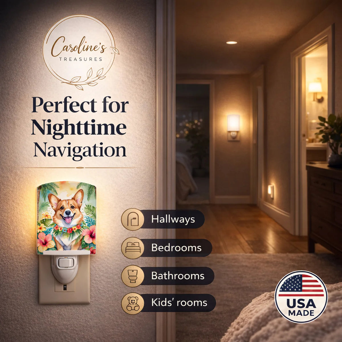 Corgi Luau Ceramic Night Light Compact, UL-Certified