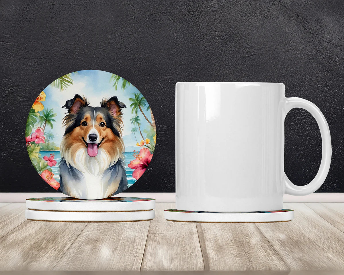 Caroline's Treasures Sheltie Luau Large Sandstone Coasters Pack of 4, 4 inch