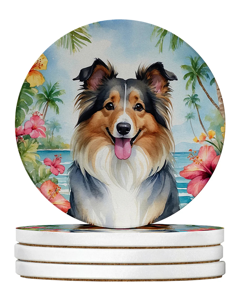 Caroline's Treasures Sheltie Luau Large Sandstone Coasters Pack of 4, 4 inch