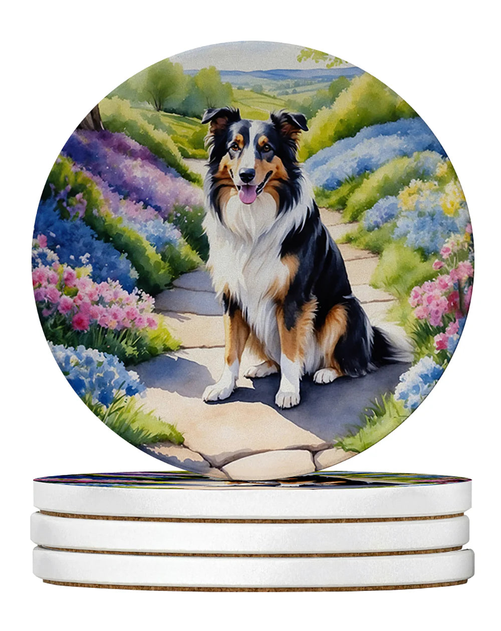 Collie Spring Path Large Sandstone Coasters Pack of 4