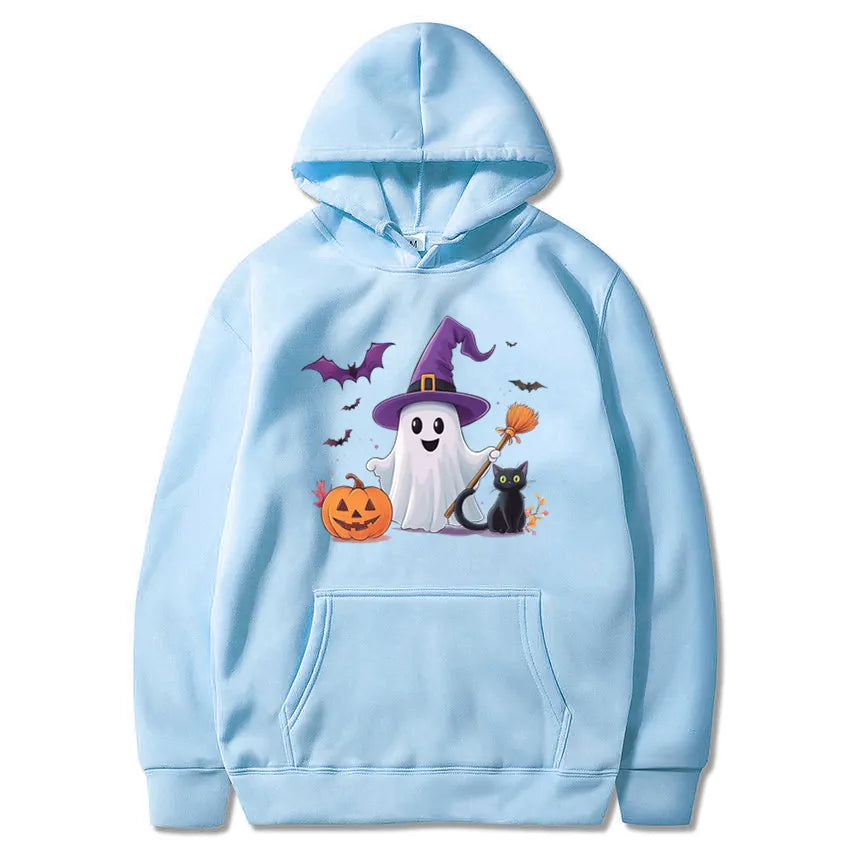 Halloween Ghost & Pumpkin Hoodie Sweatshirt Light Blue