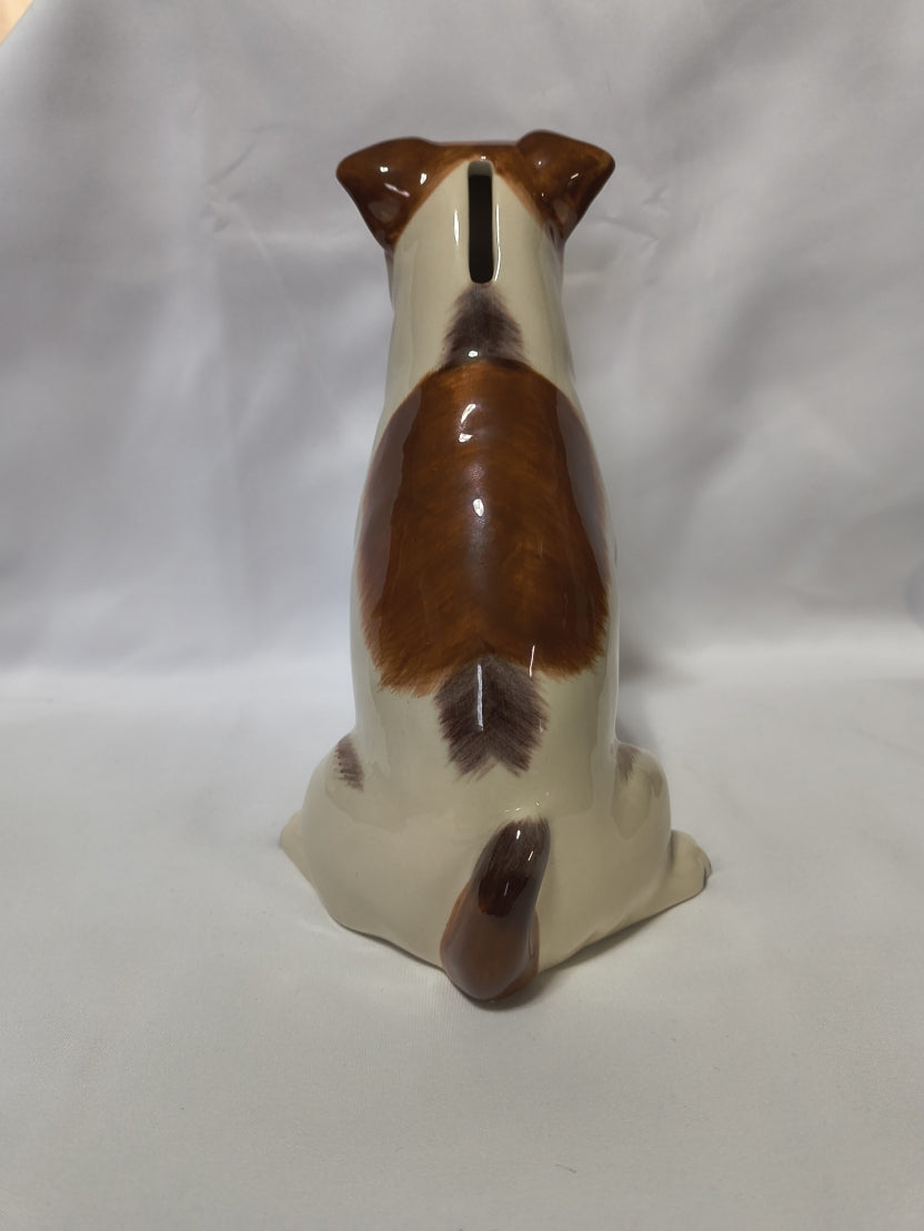 Rear view of a Jack Russel Terrier ceramic bank