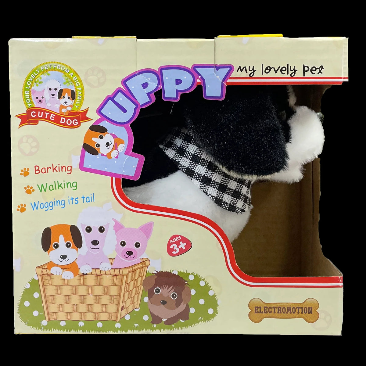 Walking puppy toy in the box.
