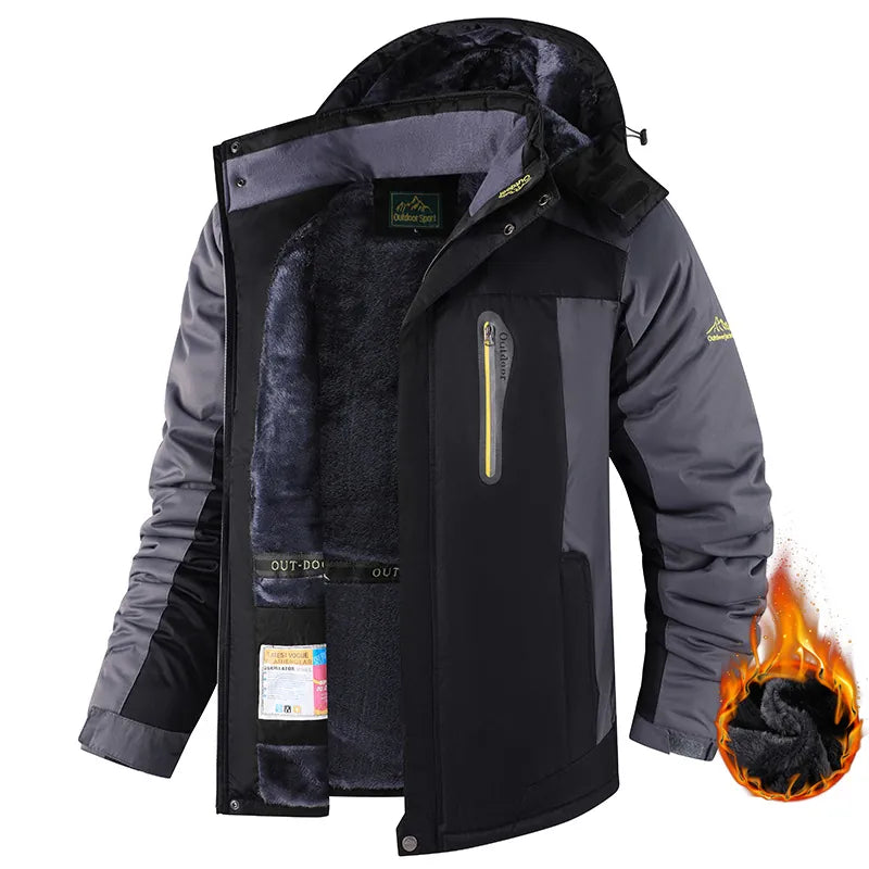 Black and gray jacket with flame graphic on a white background