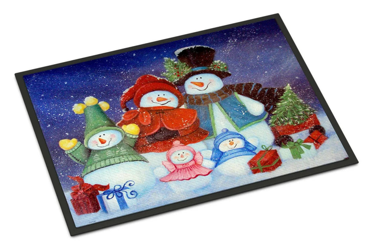 A rectangular black-framed mat featuring a festive winter scene with five snowmen, gifts, and a small Christmas tree on a white background.