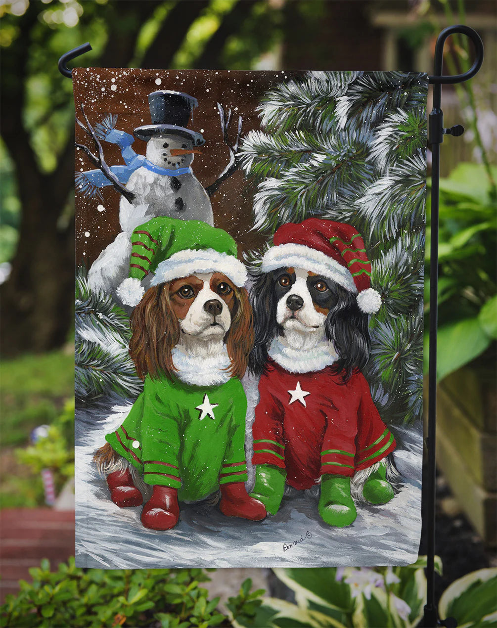 PPP3067GF Cavalier Spaniel Snowman Christmas Garden Flag