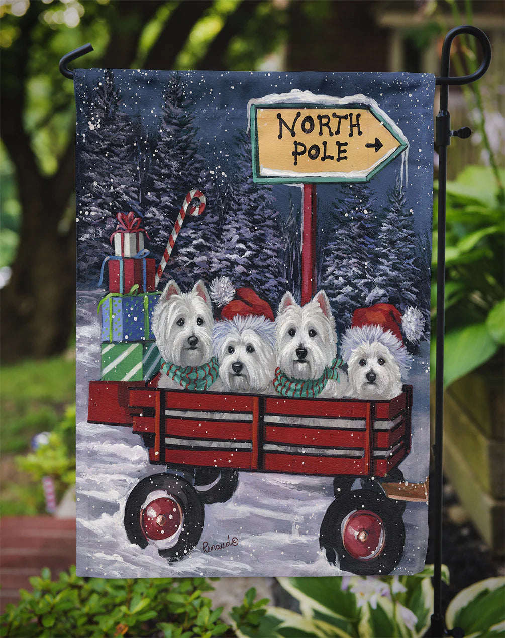Westie Christmas Red Wagon Garden Flag