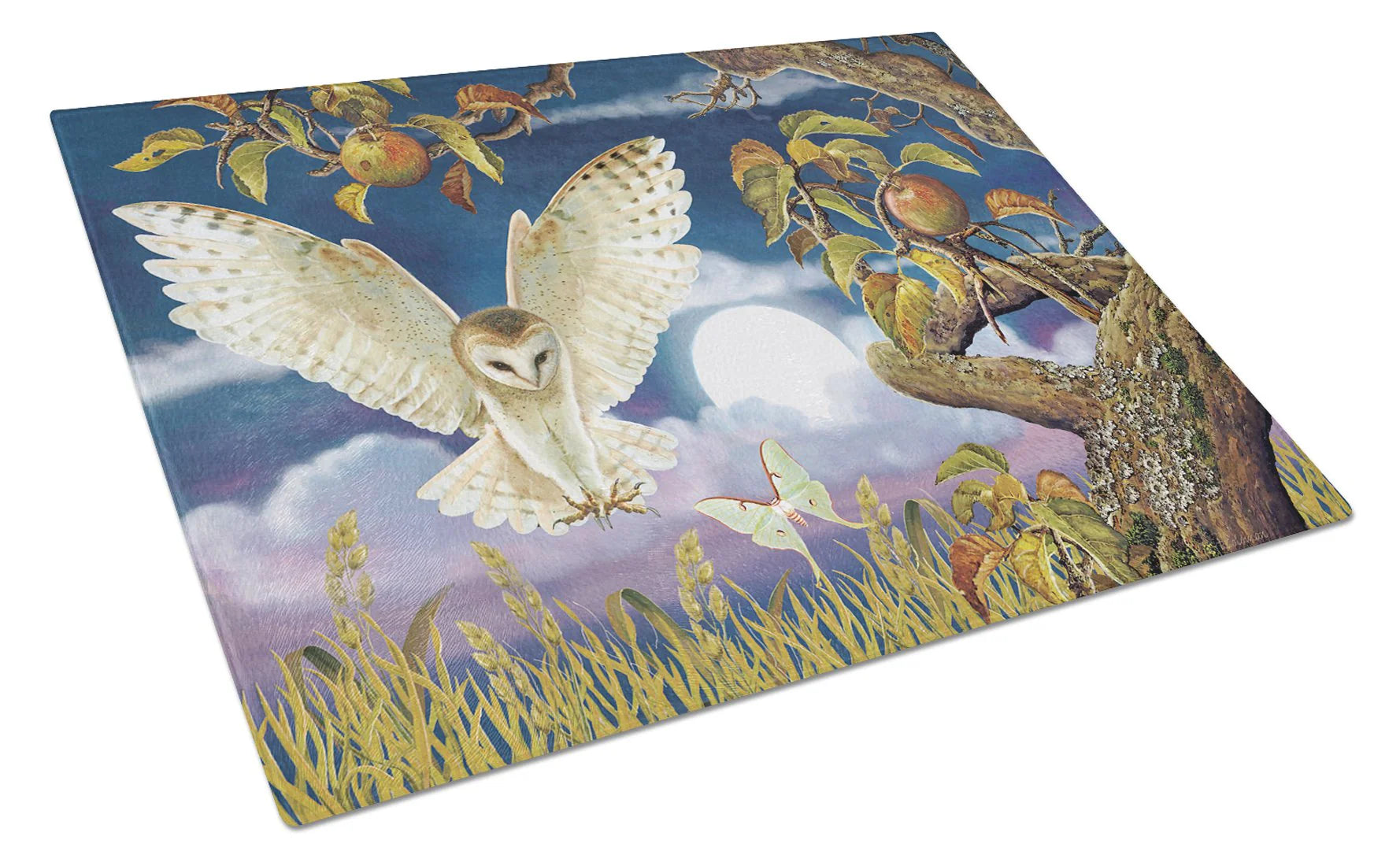 Barn Owl In The Apple Orchard Glass Cutting Board Large Decorative Tempered Glass Kitchen Cutting and Serving Board Large Size