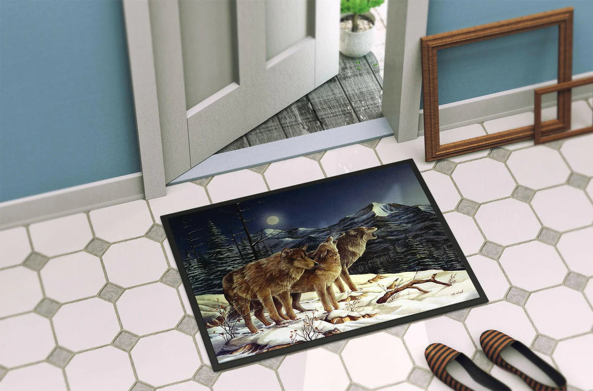 Wolf and moon door mat on a tiled floor.