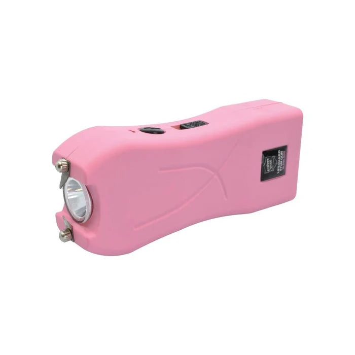 A pink personal safety device, likely a stun gun or multi-tool, with a built-in flashlight on the front, shown against a plain white background.