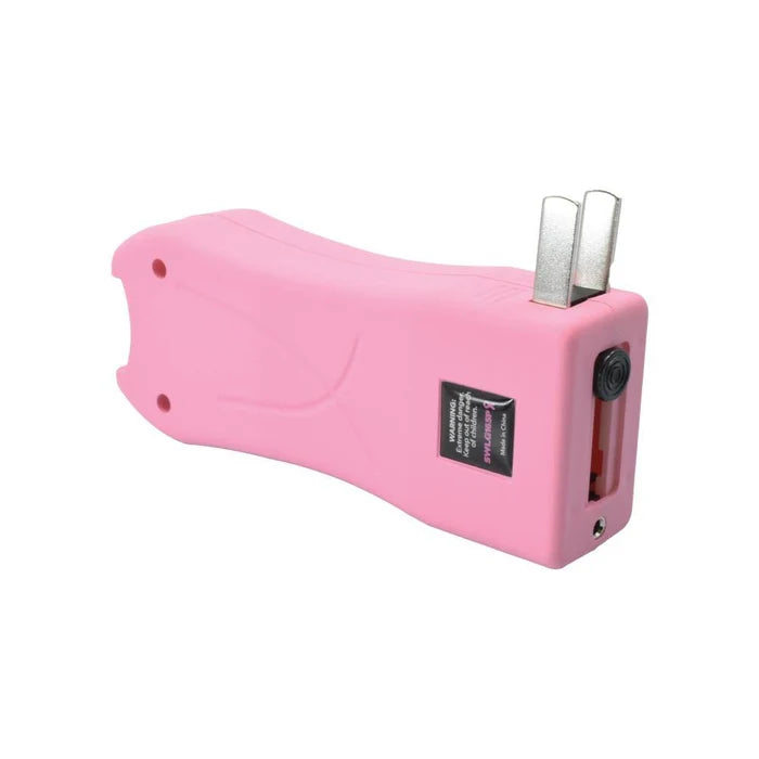 A pink handheld electric stun gun with two metal prongs, a side button, and a small black label, shown on a plain white background.