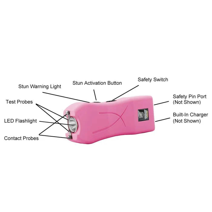 Pink stun gun with labeled parts on a white background