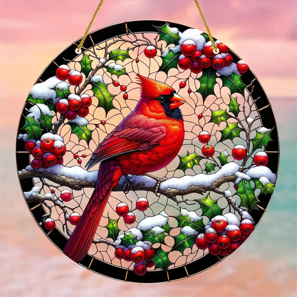 Stained Glass Style plaque with cardinal and holly.