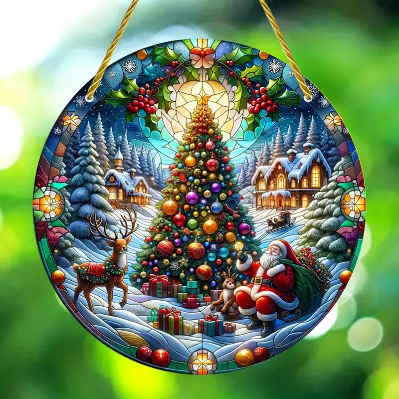 Stained Glass style round acrylic Christmas Plaque. Features a reindeer, Santa and a Christmas tree.