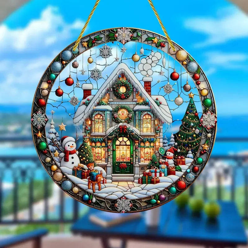 Stained-Glass-Style Acrylic Christmas Plaque, 8-Inch, Snowman & Tree