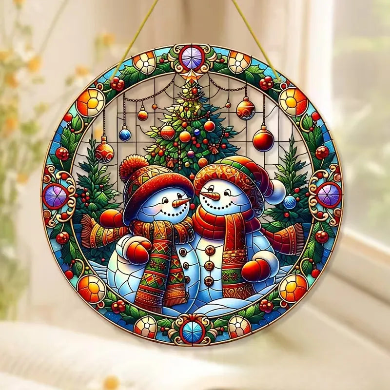 Two Snowmen Stained-Glass Style Acrylic Christmas Hanging Plaque, 8 in