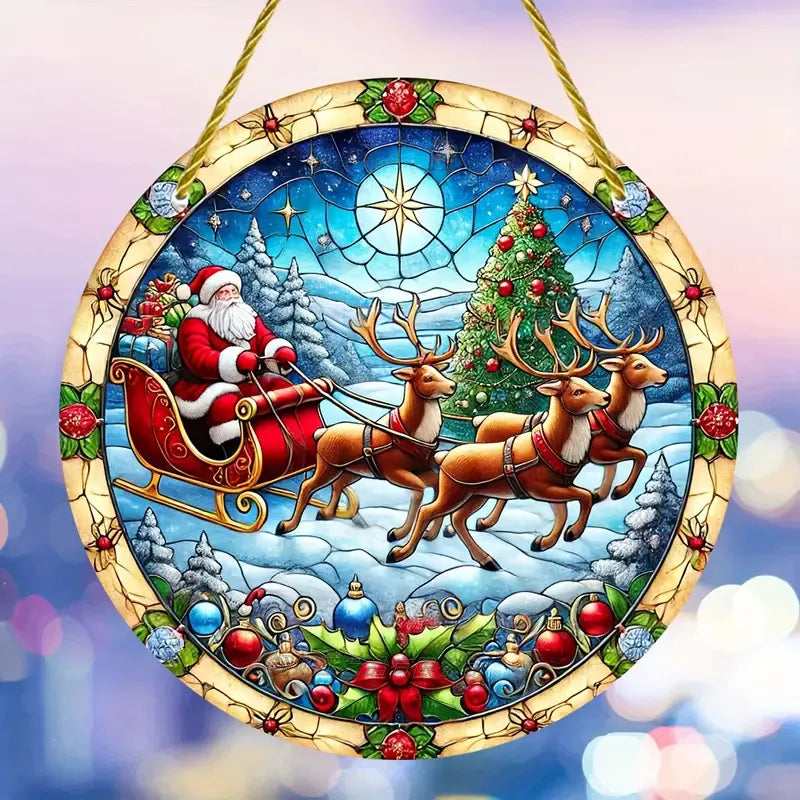 Santa, Reindeer & Sleigh Stained-Glass Style Acrylic Christmas Plaque, 8 in