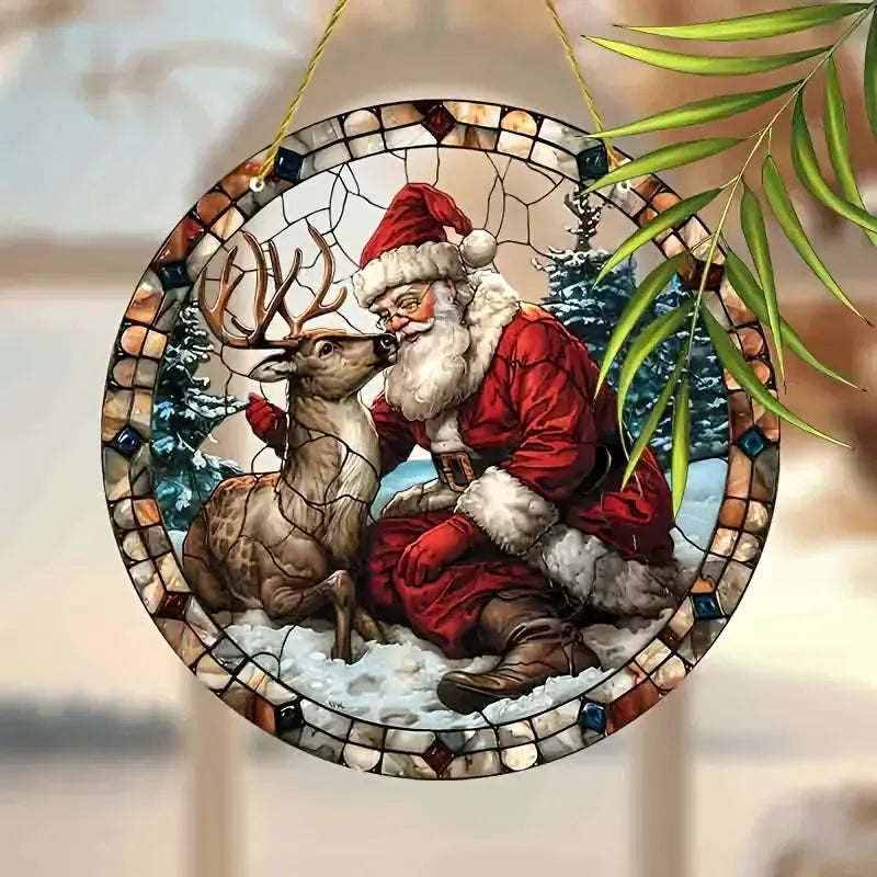 Santa & Reindeer Stained-Glass Style Acrylic Christmas Plaque, 8 in