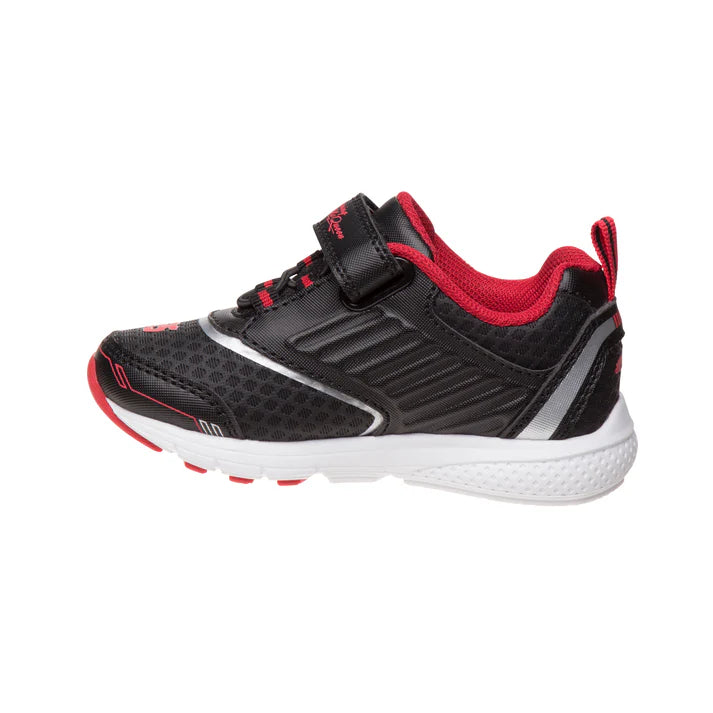 Black and red children's sneaker with white sole on a white background