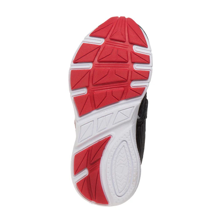 The outsole of a running shoe, showing a red and white tread pattern with a small black section on the side, isolated on a white background.