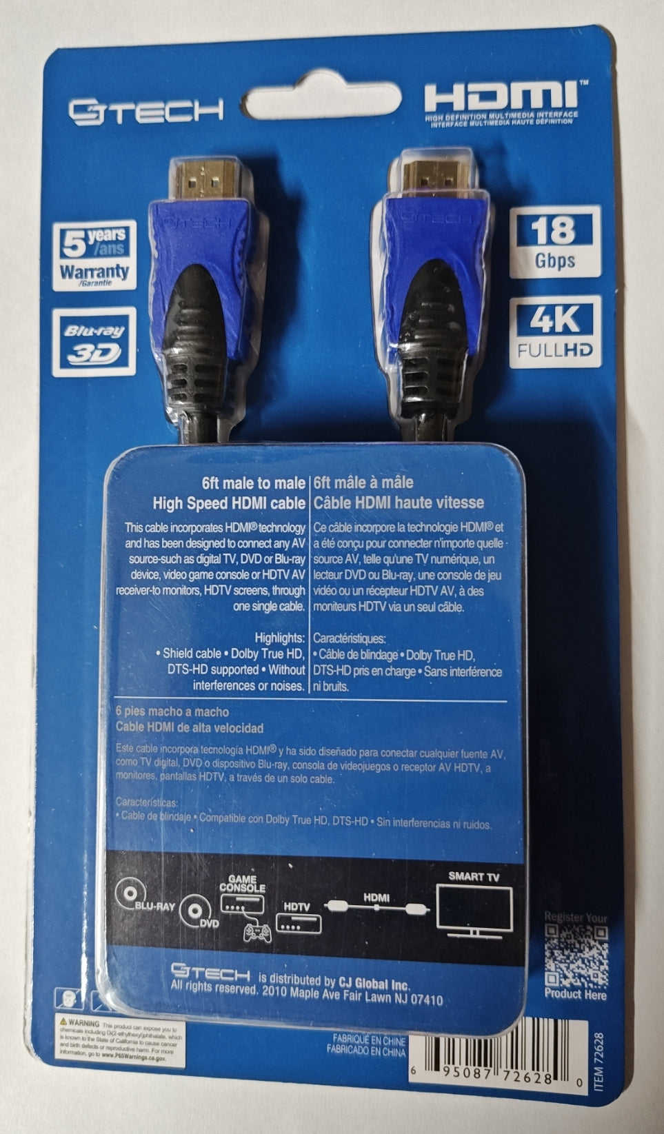CJ TECH 6ft High Speed HDMI Cable 4K Dolby True HD 18 GBPS 5 Year Warranty