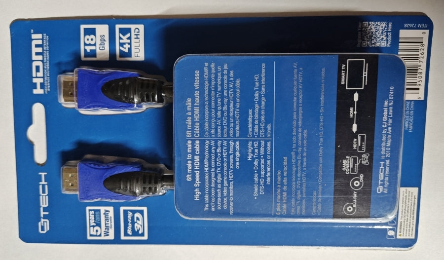 CJ TECH 6ft High Speed HDMI Cable 4K Dolby True HD 18 GBPS 5 Year Warranty