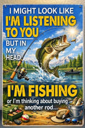 A square metal tin sign with a humorous fishing-themed graphic. The sign features a large green bass jumping out of a lake with a fishing rod, mountains, and a small boat in the background.