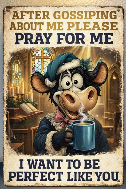 A square decorative sign with a distressed vintage border featuring a cartoon cow in a blue winter hat and coat holding a mug inside a church scene. Large text reads 'AFTER GOSSIPING ABOUT ME PLEASE PRAY FOR ME' at the top and 'I WANT TO BE PERFECT LIKE YOU.