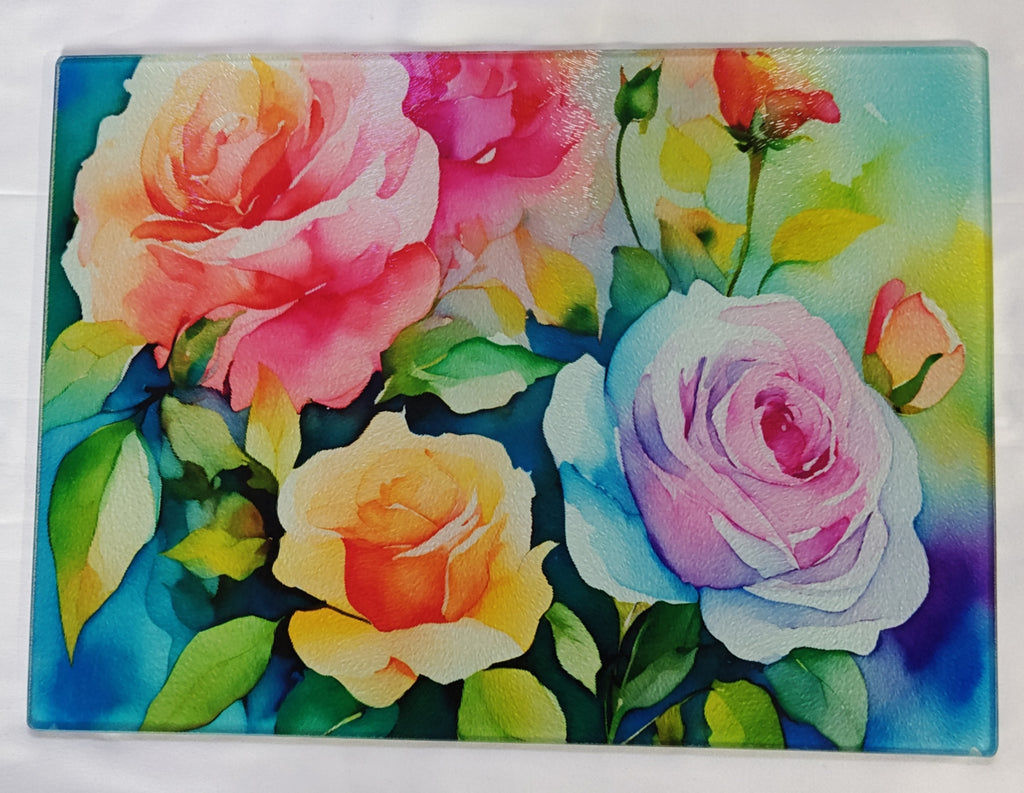 Roses in Watercolor Glass Cutting Board By Caroline's Treasures, Lg DAC1608LCB